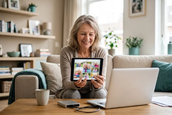 Een lachende vrouw op de bank toont een tablet met foto's, naast een laptop en een externe harde schijf