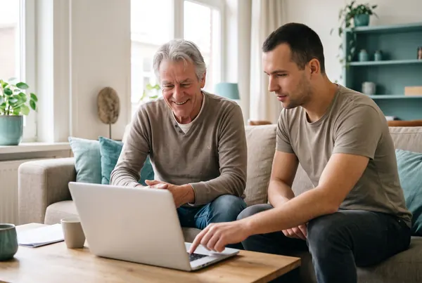 Een oudere man en een hulpverlener kijken samen naar een laptop op de bank