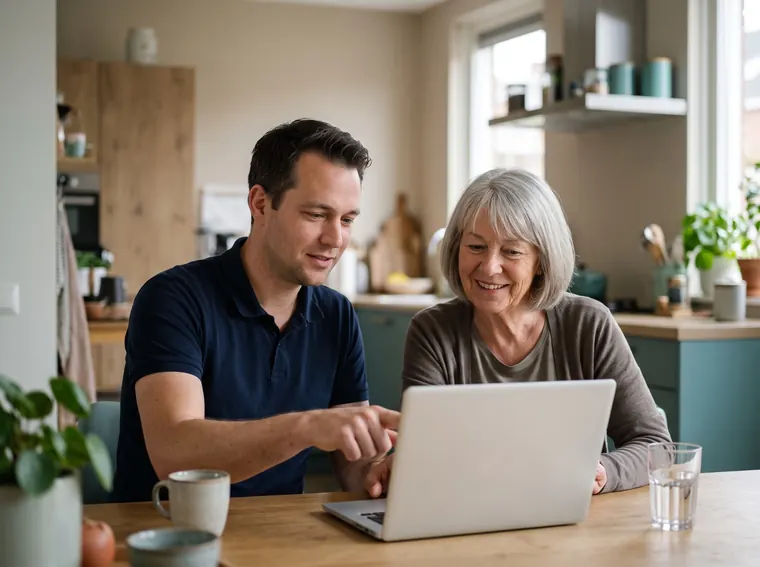 Een hulpverlener wijst een lachende oudere vrouw iets aan op haar laptop aan de keukentafel