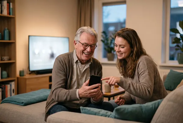 Een oudere man lacht naar een nieuwe smartphone terwijl een jonge vrouw hem iets uitlegt