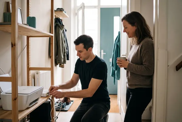 Een hulpverlener sluit een kabel aan op een wifi-router in de gang, terwijl een vrouw met een kop koffie toekijkt